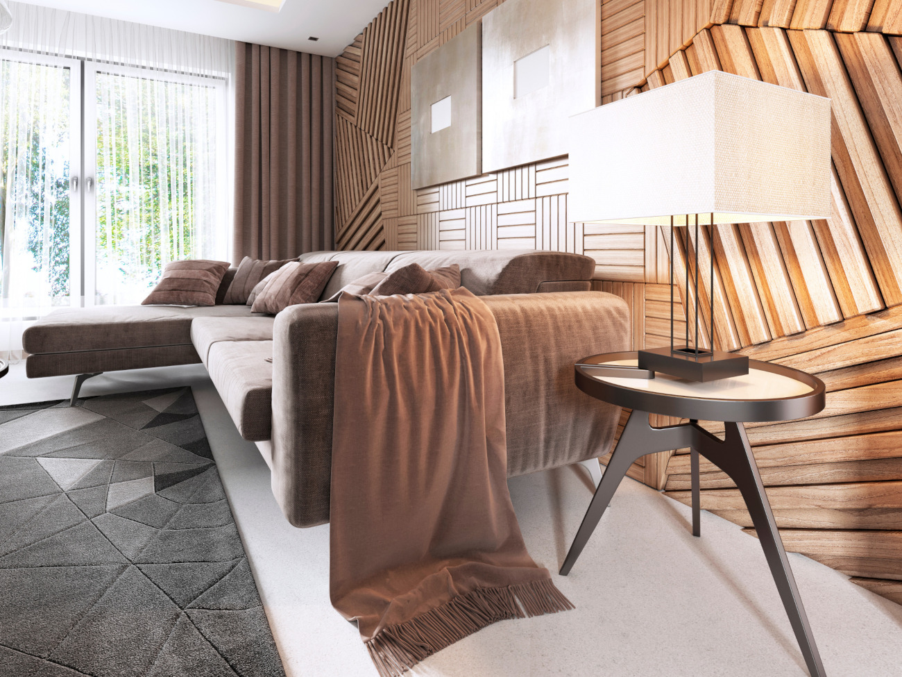 custom wooden wall panels behind bed