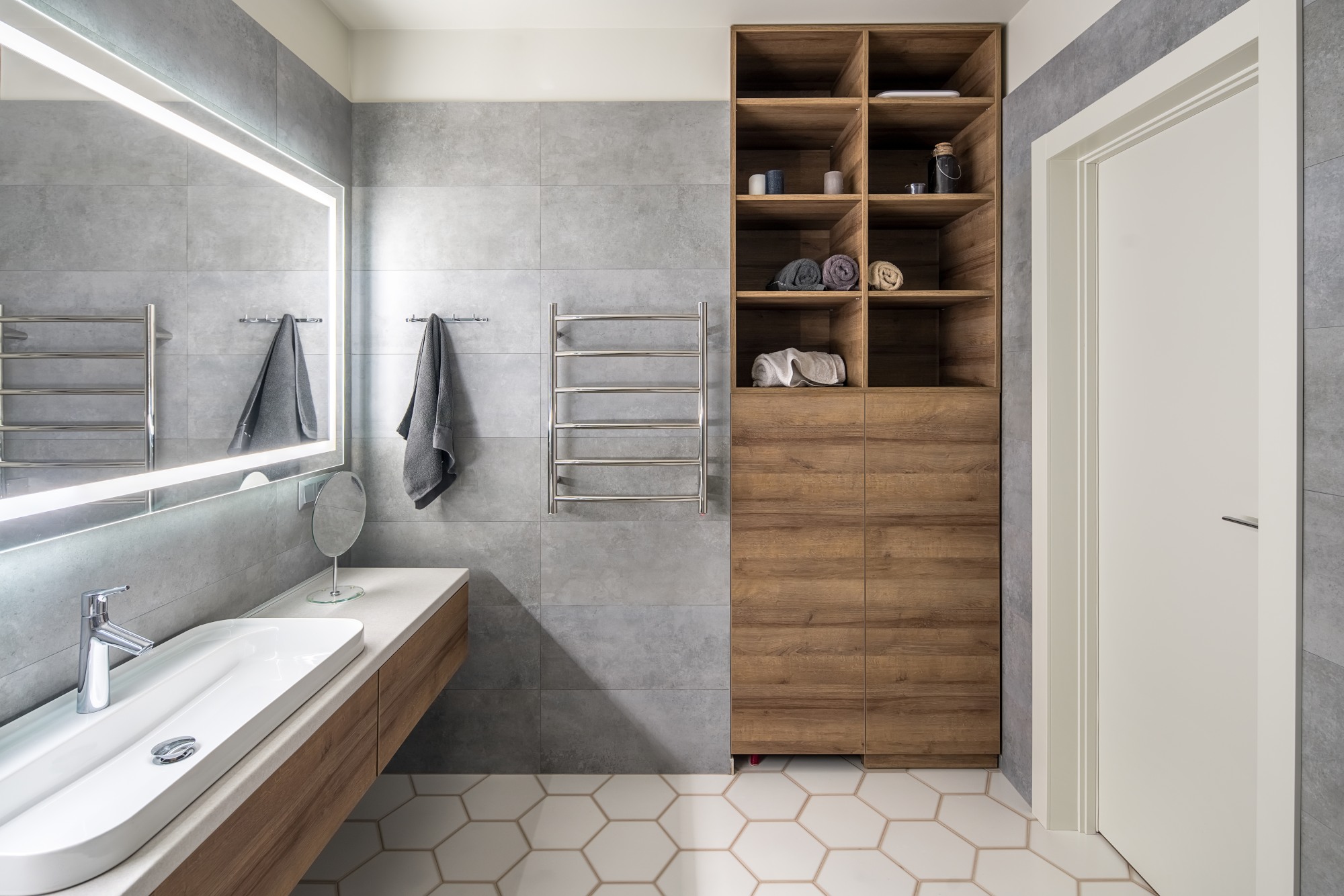 custom made bathroom shelves, drawers and counter